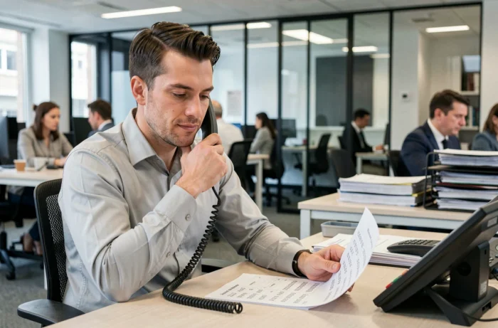 Homme en bureau utilisant un téléphone fixe avec un annuaire affichant des indicatifs téléphoniques français