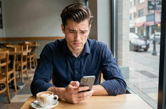 Homme dans un café scrutant une conversation Messenger sur son téléphone, cherchant des indices pour savoir s'il a été mis en sourdine
