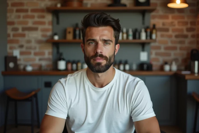 Homme aux cheveux stylés à la pommade dans un salon de coiffure vintage avec produits capillaires