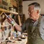 Homme appliquant la colle Pattex Montage Classic sur une étagère en bois dans un atelier de bricolage rustique