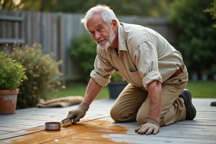 Un homme âgé appliquant une lasure protectrice sur une terrasse en bois dans son jardin lors de travaux d'entretien extérieur