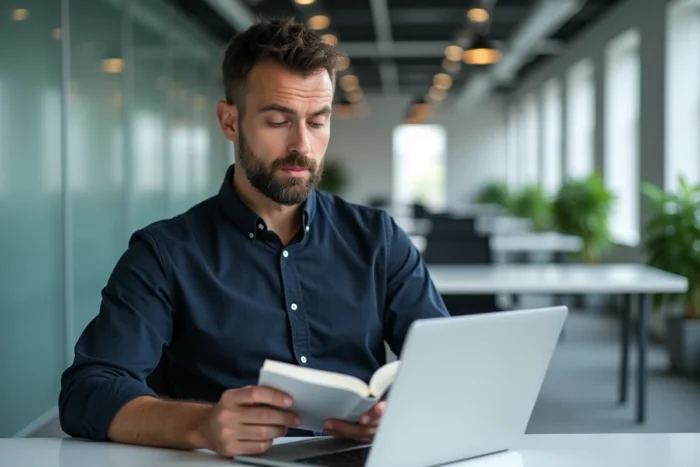 Homme consultant un guide orthographique français au bureau, pointant une règle grammaticale, en référence à la bonne orthographe d'expressions comme d'ores et déjà