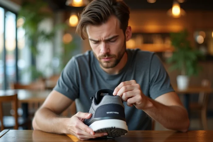 Homme inspectant l'étiquette intérieure d'une chaussure Skechers pour détecter une contrefaçon