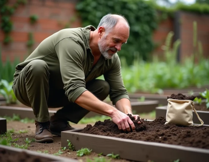 Homme jardineant dans un potager urbain partagé avec des pratiques écologiques