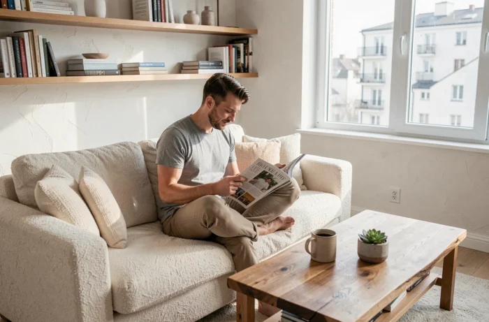 Homme décontracté lisant un magazine lifestyle dans un appartement scandinave lumineux avec décoration épurée