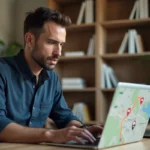 Homme utilisant une application de cartographie sur ordinateur portable après un changement d'adresse sur Gozmap