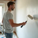 Un homme en train de repeindre le mur de son salon avec un rouleau à peinture, entouré de bâches et d'outils de bricolage