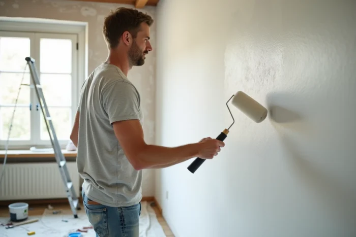 Un homme en train de repeindre le mur de son salon avec un rouleau à peinture, entouré de bâches et d'outils de bricolage