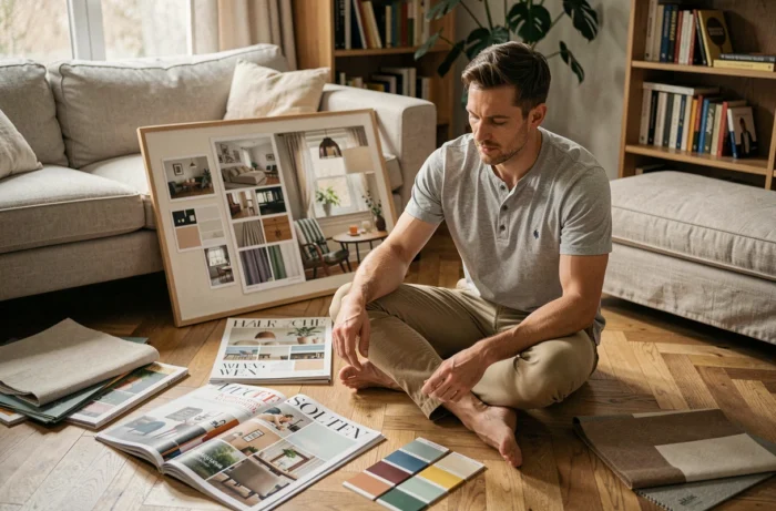 Homme assis sur un parquet en bois entouré de magazines et d'échantillons pour planifier la décoration de sa maison