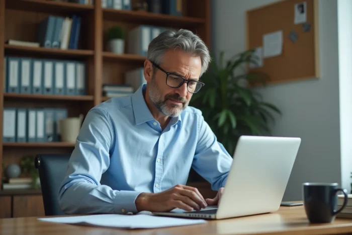 Homme consultant un annuaire inversé en ligne sur ordinateur portable pour identifier un numéro de téléphone inconnu