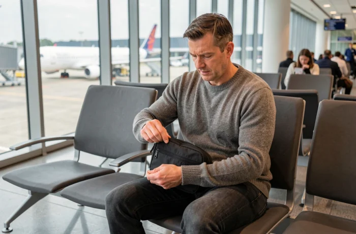 Homme vérifiant son sac banane dans la salle d'embarquement d'un aéroport