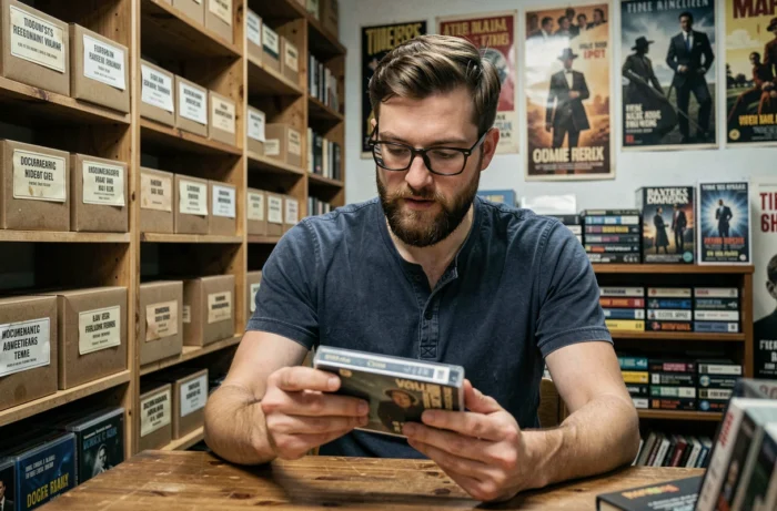 Homme passionné de cinéma examinant des films documentaires dans une boutique de vidéo indépendante