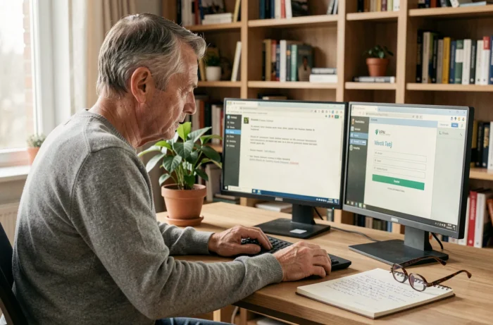 Homme en télétravail suivant des étapes de dépannage pour résoudre un problème de connexion à Intraparis Nomade depuis son bureau à domicile
