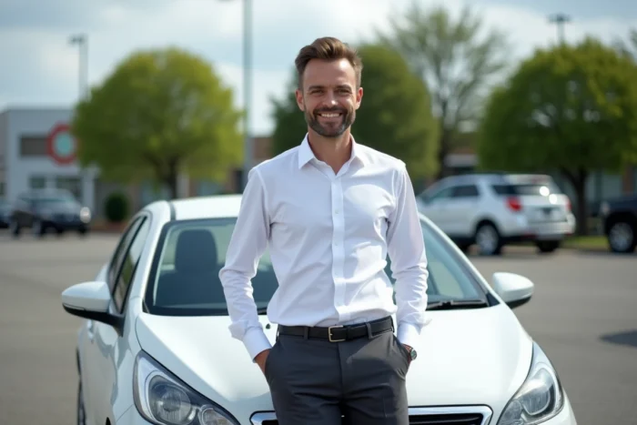 Homme heureux posant à côté de sa nouvelle voiture achetée grâce au prêt CGOS pour agents de la fonction publique