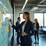 Femme cadre en entreprise animant une session de brainstorming sur un tableau blanc dans un open space moderne, illustrant l'intrapreneuriat en milieu corporate