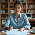 Jeune femme adulte consultant des documents administratifs à son bureau pour entamer une démarche d'émancipation légale