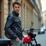 Jeune homme en veste de moto debout à côté d'une moto 125cc rouge dans une rue urbaine européenne