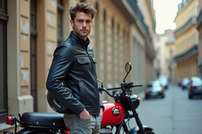 Jeune homme en veste de moto debout à côté d'une moto 125cc rouge dans une rue urbaine européenne