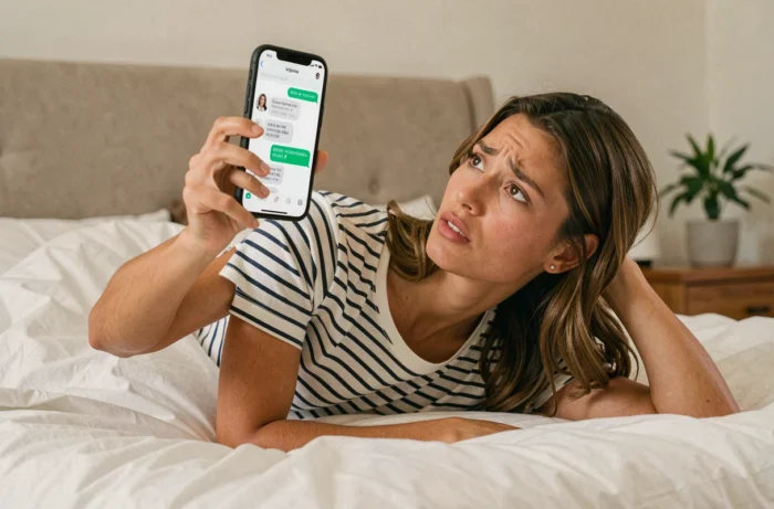 Jeune femme allongée sur son lit consultant Messenger sur son smartphone pour savoir si un contact l'a mise en sourdine