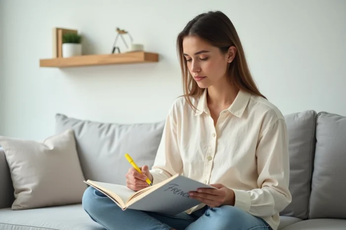 Jeune femme surlignant des expressions orthographiques dans un manuel de français, installée confortablement dans un salon épuré, illustrant l'apprentissage de l'expression d'ores et déjà
