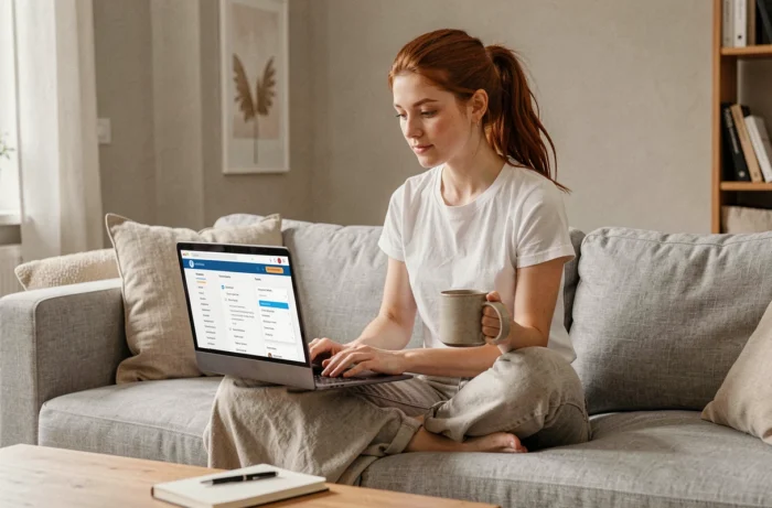 Jeune femme naviguant sur un plan de site depuis son canapé avec un ordinateur portable