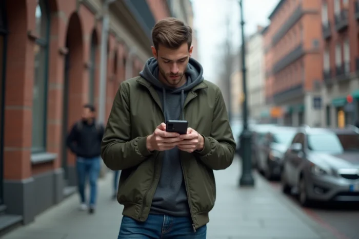 Jeune homme dans la rue regardant un numéro inconnu sur son téléphone avant d'utiliser un annuaire inversé pour l'identifier