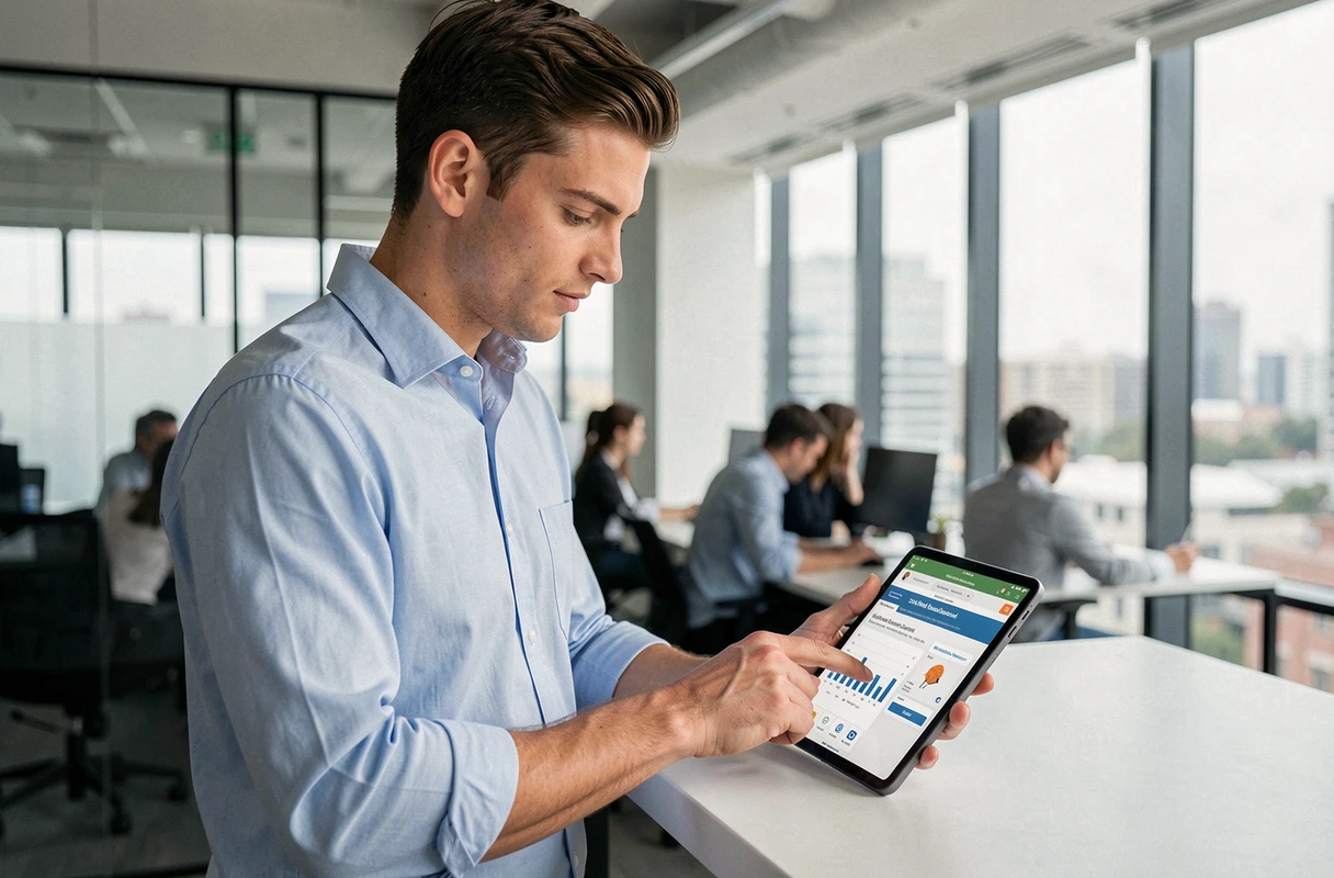 Jeune professionnel consultant un comparateur de mutuelle santé sur tablette au bureau