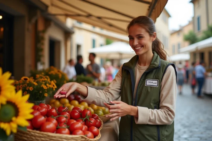 Jeune femme travaillant sur un marché provençal estival lors d'un job saisonnier de vente de produits locaux