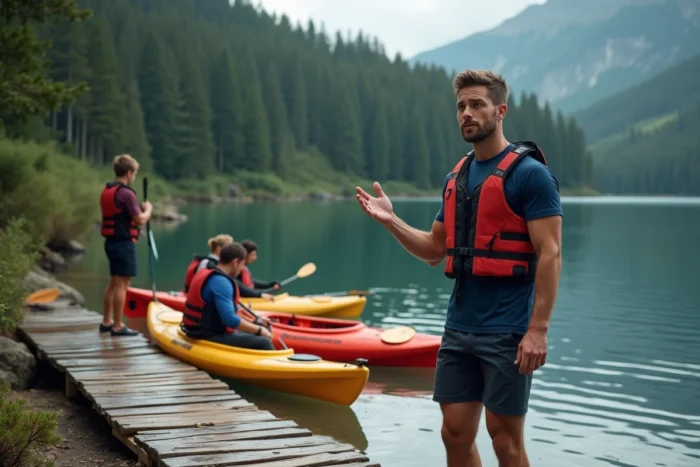 Moniteur de kayak encadrant des touristes sur un lac alpin dans le cadre d'un emploi saisonnier sportif