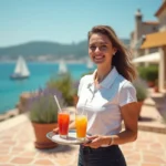 Jeune femme servant des boissons en terrasse au bord de la mer dans le cadre d'un job saisonnier estival