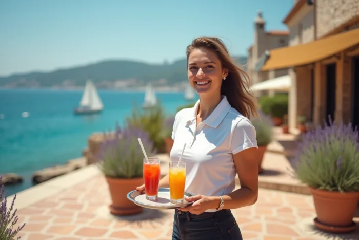 Jeune femme servant des boissons en terrasse au bord de la mer dans le cadre d'un job saisonnier estival