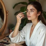 Femme appliquant du fard à paupières devant un miroir de coiffeuse en bois dans un dressing élégant