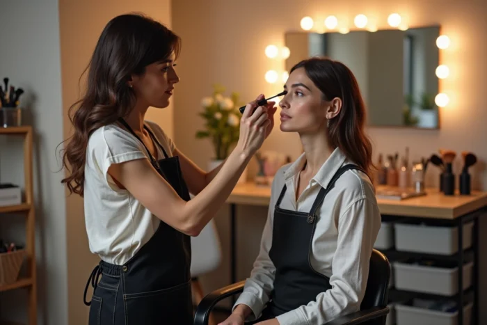 Maquilleuse professionnelle appliquant du mascara sur une cliente dans un studio de beauté