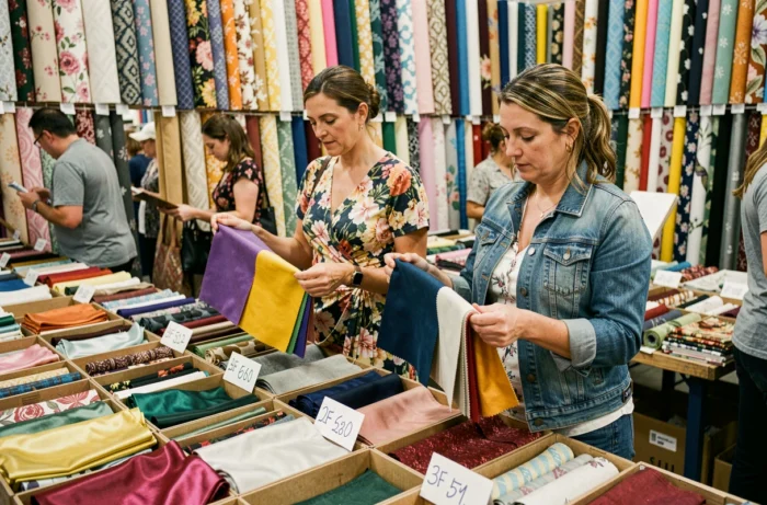 Deux femmes comparant des coupons de tissu en solde dans un marché aux tissus intérieur pour optimiser leur budget couture