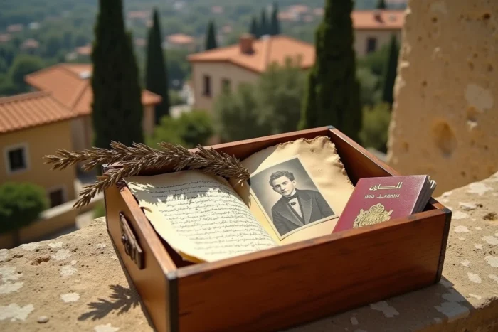 Boîte en bois contenant des lettres arabes manuscrites, un passeport vintage et une photo de famille sépia évoquant les racines libanaises