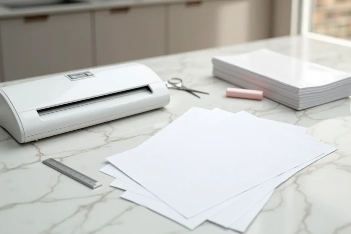Vue de dessus du matériel nécessaire pour plastifier une feuille de papier à la maison sur un plan de travail en marbre