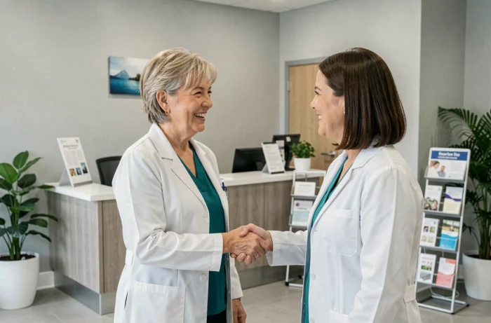 Médecin généraliste accueillant un patient à la réception d'un cabinet médical moderne
