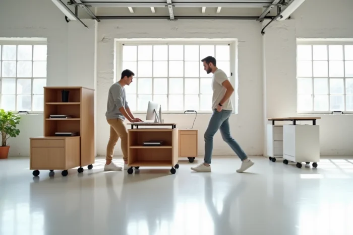 Meubles de bureau sur roulettes reconfigurables avec bibliothèque mobile et bureau à roulettes dans un studio lumineux