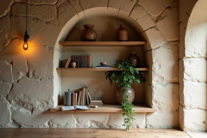 Niche encastrée dans un mur épais en pierre avec étagères en bois et surface d'écriture intégrée