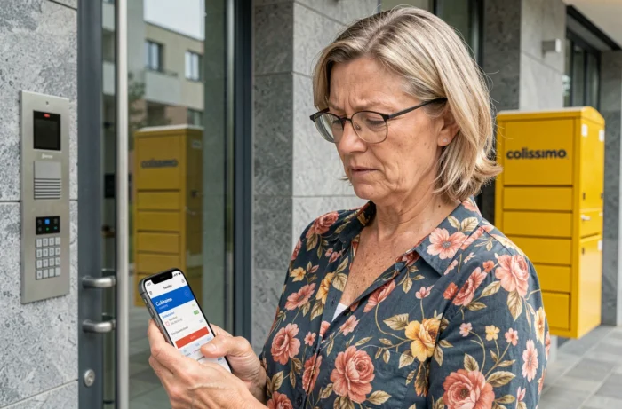 Femme vérifiant une notification de livraison Colissimo consigne sur smartphone devant une résidence