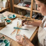 Artiste aquarelliste peignant une libellule sur du papier aquarelle épais, avec palette de couleurs turquoise et pinceaux fins posés sur un bureau en bois d'atelier