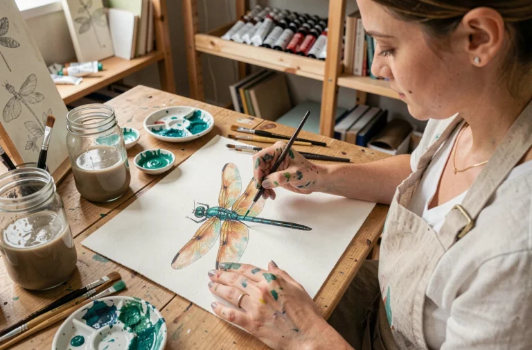 Artiste aquarelliste peignant une libellule sur du papier aquarelle épais, avec palette de couleurs turquoise et pinceaux fins posés sur un bureau en bois d'atelier