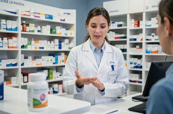 Pharmacienne expliquant les effets et risques d'un complément alimentaire à une cliente dans une pharmacie française