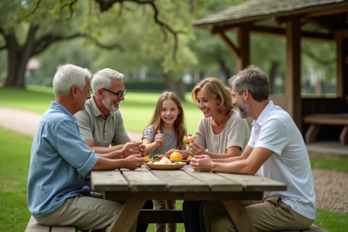 Pique-nique en famille dans l'espace de repos de Canyon Park Epretot