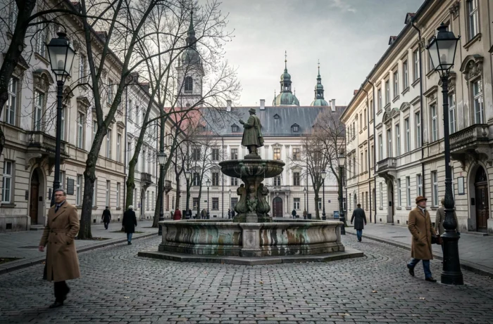 Place historique d'une ville d'Europe centrale évoquant les origines et le parcours de George Soros et Annaliese Witschak