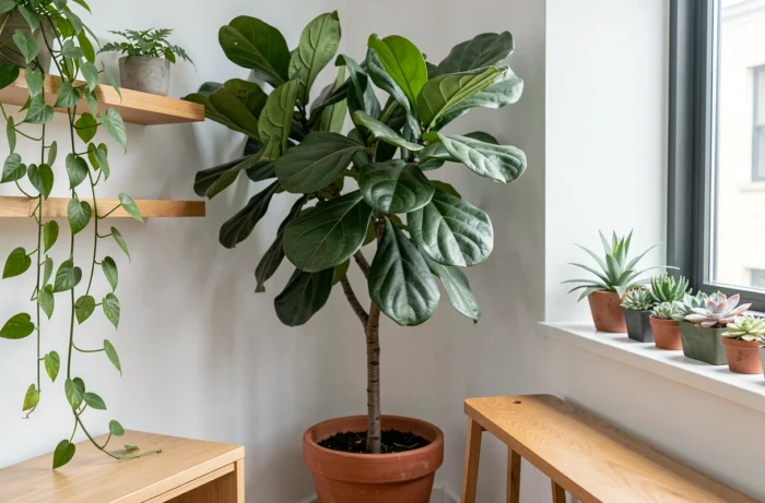 Plantes vertes intégrées dans une salle de pause de bureau avec figuier lyre, pothos et succulentes sur une étagère