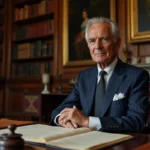Portrait d'un homme politique français distingué assis dans un bureau de château avec documents et mobilier antique