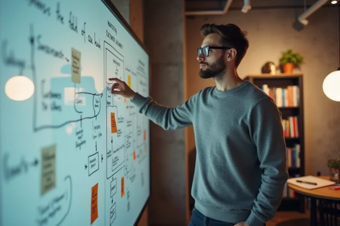 Jeune professionnel présentant une stratégie de marketing digital sur un tableau blanc dans un espace de travail collaboratif