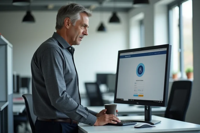 Professeur masculin accédant à sa messagerie webmail Dijon depuis un bureau administratif scolaire