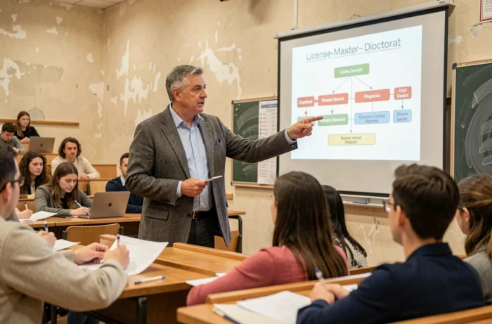Professeur d'université expliquant le fonctionnement du système LMD dans un amphithéâtre à des étudiants français